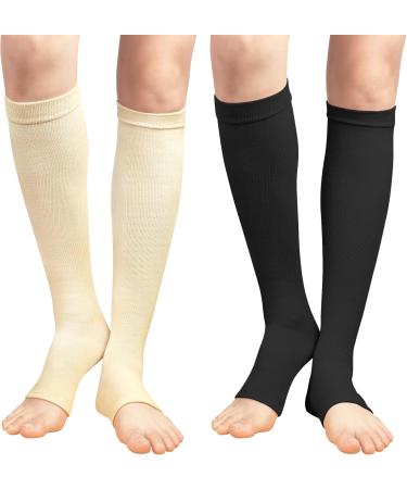 ACWOO Compression Stockings for Women & Men - 2 Pairs of Medical Support Socks (15-20 mmHg) - Open Toe Black & Beige Thrombosis Socks for Running Sports Flight & Cycling - Buy Online on SooperMarket.com