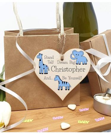 Personalised Wooden Hanging Heart Plaque - Be Brave Dream Big | Blue Safari Animals | New Baby Gift - Buy Online on SooperMarket.com