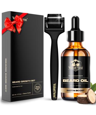Waking Forest Derma Roller 0.25mm & Beard Oil(2oz) Sandalwood Beard Growth Kit Microneedle Beard Roller with 540 Titanium Natural Moisturize with Vitamin E Beard Growth Serum Birthday for Men 2 Fl Oz (Pack of 1)