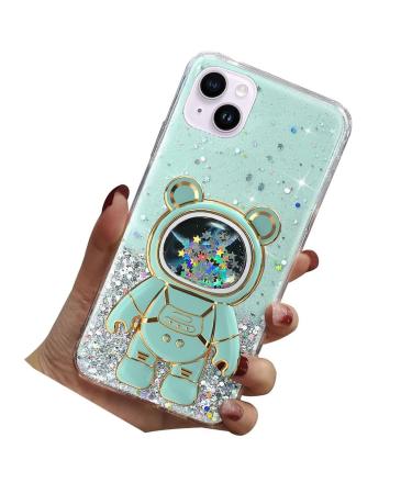 Rnrieyta Magon B r Astronaut Stand Cover Glitzer for iPhone 15 Plus Cute Girls D nn Crystal protective cover Treisand Bling Transparent Case Bumper with astronaut holder kickstand green iPhone 15 plus green