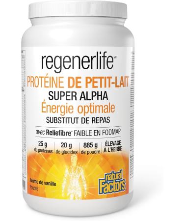 Natural Factors Regenerlife High Alpha Whey Protein Vanilla Flavour 885g powder Helps You Feel Full Longer 25g of protein per serving 5g of Low-FODMAP Reliefibre per serving Grass-Fed Whey - Buy Online on SooperMarket.com