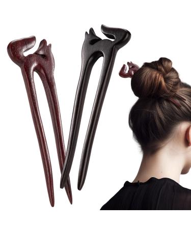 Noverlife 2PCS Natural Sandalwood Hair Sticks  Retro U Shape Wooden Hair Forks  with Cute Fox Design  Handmade Carved 2-Prong Wood Hair Pins  Ebony Sandalwood French Hair Forks for Thick Thin Hair 2-Prong Fox Design