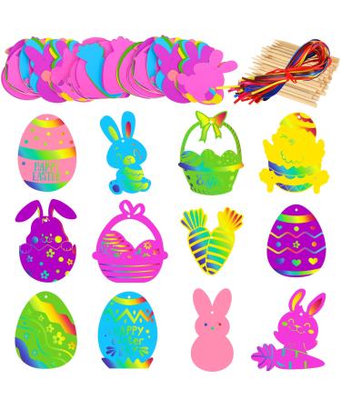 Whaline 72Pcs Easter Scratch Art Paper Set Bunny Egg Rabbits Shape Scratch Paper Art with Ribbon & Wooden Stylus Colorful Scratch Hanging Ornament for Easter Holiday Kids DIY Crafts, 12 Design