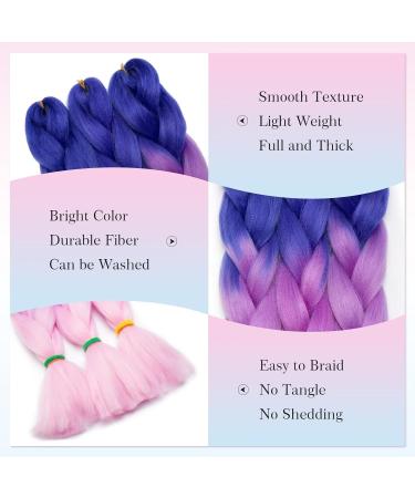 Tess Braids Blue 60 cm Extensions - 5 Pack Jumbo Kanekalon Ombre Hair Braids (Blue/Purple/Pink) for Box Braids - 100g per Bundle - Buy Online on SooperMarket.com