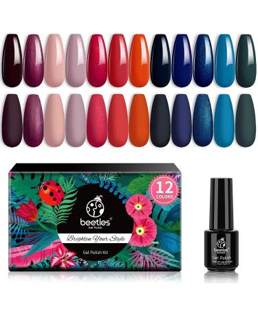 Beetles Gel Nail Polishes- 12 Pcs Gel Nail Polish Set Flannel & Fleece Nude Pink Burgundy Red Glitter Gel Polish Kit Orange Dark Blue Green Nail Gel Kit Nail Art Christmas Nail