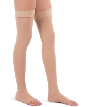 Jomi 20-30 mmHg Open Toe Thigh High Compression Stockings - Made in USA - Beige Large - Silicone Dot Top Band - Premier Opaque Support Stockings - Men and Women - 1 Pair - Buy Online on SooperMarket.com