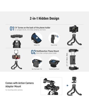 NEEWER T80 Phone Tripod Stand with Remote, Action Camera Mount & Phone Clip - Compatible with GoPro, iPhone, LED Light - Max Load 4.4lb - Buy Online on SooperMarket.com