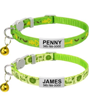 Tagme Personalized cat neck band cat collar safety closure with name and telephone number 2-piece adjustable collar cat cats green 18-28 cm (2 pack) green