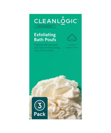 Cleanlogic Sustainable Exfoliating Loofa Pouf Extra Firm Bath and Shower Exfoliator Puff Reusable Daily Skincare Tool for Women & Men 3 Count Value Pack