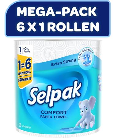 Selpak Comfort Maxi Kitchen Roll - 100% Pure Cellulose 2-Layer 3240 Sheets - Food Contact Safe 6 Pack Towel Rolls - Buy Online on SooperMarket.com