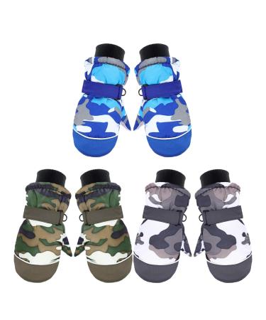 3 Pairs Kids Snow Mittens Waterproof Winter Ski Mittens Thicken Warm Gloves for 3-6 Years Camouflage Style
