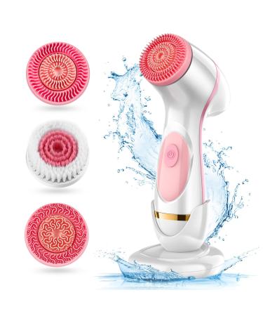 Facial Cleansing Brush Waterproof Deep Cleaning Exfoliation Rotating Spa Machine with 2 Speed Modes Electric Face Brush with 3 Replacement Brush Heads for Women (Pink)