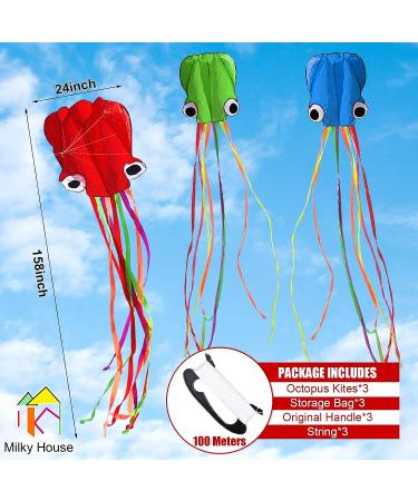 3 Pack Octopus Kite Set - Easy Flyer Beach Kites for Kids & Adults - Blue/Green/Red - 100M Kite String Included - Buy Online on SooperMarket.com
