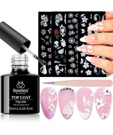 Beetles 5D Nail Art Stickers Decals Gel Top Coat Embossed Flower Gel Nail Art Design Pegatinas U as No Wipe Gel Top Coat Nail Tweezer Manicure Decorations Gift for Women 1-top Coat & Stickers Elegant Flower