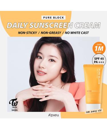 A'PIEU Pure Block Daily Sunscreen Cream SPF45/PA+++ 50ml - Non-Greasy Korean Sunscreen | Reef Safe Formula for Daily Use - 1.69 Fl Oz - Buy Online on SooperMarket.com
