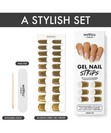MOYOU LONDON Golden Tips Gel Nail Wraps 20 Pcs Salon-Quality Manicure Set - Includes Nail File & Cuticle Stick (UV/LED Lamp Required) - Buy Online on SooperMarket.com