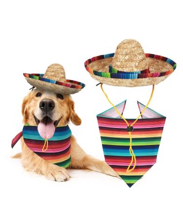 Mexican Dog Costume Accessories Cinco De Mayo Fiesta Party Decorations Pet Serape Outfit for Dogs and Cats Sombrero Hats Hat and Colorful Stripe Bandana Pet Triangle Bib Scarf