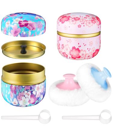 2 Pieces Body Powder Puff and Container 2 Pieces Powder Puff Soft Powder Puffs and 2 Pieces Spoon Loose Powder Tea Container Case Dusting Powder Boxes for Baby Women Home and Travel Use
