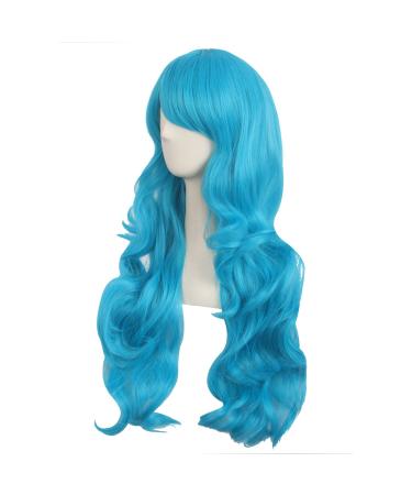 MapofBeauty 28 Cyan Blue Long Curly Wig with Side Part Bangs | Charming Full Hair for Women - International Shipping Available - Buy Online on SooperMarket.com