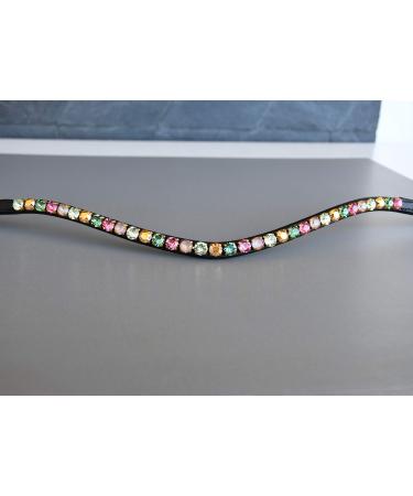 Happiness hucks colorful horses forehead straps 'paradise' in pink green & gold curved narrow (shetty leather color black) Shetty leather color black