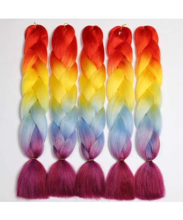Showjarlly Jumbo Braid Art Hair Extensions - 24 inch Ombre KanCalon Braid for Crochet & Box Braids - 5 Pack in Orange/Yellow/Blue/Purple/Red - Buy Online on SooperMarket.com