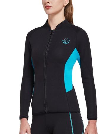 FitsT4 Womens Wetsuit Top 2mm Long Sleeve Neoprene Wetsuit Jacket with Front Zipper for Swimming Diving Surfing Boating Kayaking Snorkeling Aqua Small