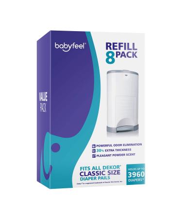 Babyfeel Refills Compatible with DEKOR CLASSIC Diaper Pails | 8 Pack | Exclusive 30% Extra Thickness | Diaper Pail Refills with Powerful Odor Elimination | Powder Scent | Holds up to 3960 Diapers
