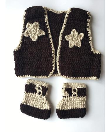 Pinbo Newborn Baby Photography Prop Crochet Knitted Cowboy Vest Shoes in Coffee - Adorable Infant Photo Shoot Outfit - Buy Online on SooperMarket.com