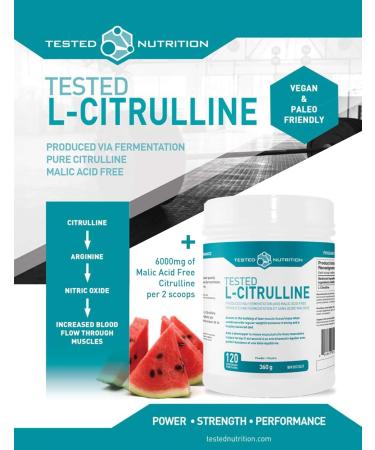Tested Nutrition L-Citrulline Powder | 3g Pure Fermented L-Citrulline | Nitric Oxide Booster Increased Muscle Pumps Improved Strength Recovery & Endurance | 360G 120 Servings Unflavoured - Buy Online on SooperMarket.com