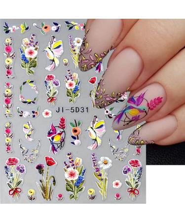 Dornail 5D Embossed Bronzing Nail Stickers - Spring Floral Decals for Women Manicure - Colorful Flower & Bird Nail Art Accessories - Buy Online on SooperMarket.com