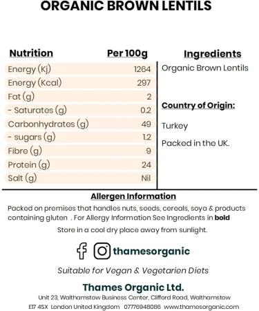 Thames Organic 500g Brown Lentils - High Fiber, High Protein, No Additives, Raw Vegan - Ideal for Soups, Salads, Curries - Nutritious & Flavorful - GMO-Free - Buy Online on SooperMarket.com