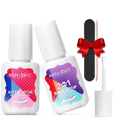 Modelones Dip Powder Liquid Set - Dipping Powder Base Top Coat 2 in 1 with Activator 0.5oz for Nail Art Manicure Contain Nail Accessories, Long-lasting and Shinning