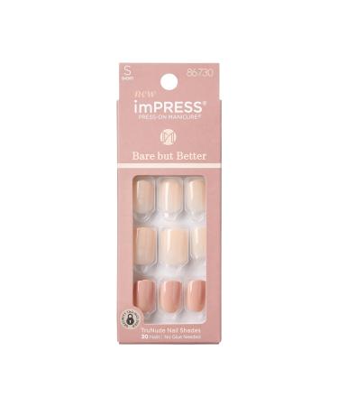 KISS imPRESS No Glue Mani Press On Nails Bare But Better 'Simple Pleasure' Nude Short Size Squoval Shape Includes 30 Nails Prep Pad Instructions Sheet 1 Manicure Stick 1 Mini File