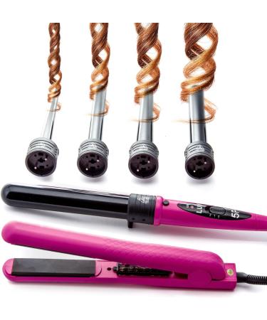 Deluxe Beauty Professional 8 Piece Interchangeable Flat and Curling Iron Set - Instant Hair Straightening and Curling - Pink - Buy Online on SooperMarket.com