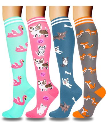 Actinput 4 pairs of compression stockings for women men colorful support stockings compression socks for sports flight running travel cycling nurse 4106 - Rosa S -M
