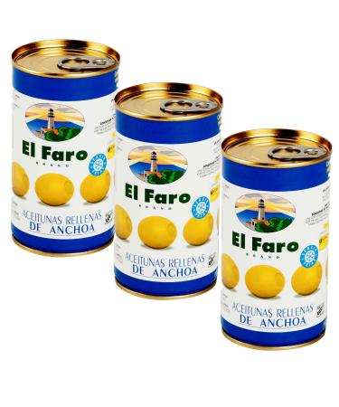 El Faro 3 x350g tins (150 grams drained/tin) Green Manzanilla Spanish Olives Filled With Hand Anchovy