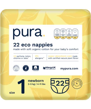 Pura eco-diapers size 1 (newborn 2-5 kg) 22 diapers (1 pack) certified with EU Ecolabel for sensitive skin made of organic cotton odorless hypoallergenic moisture indicator size 1 (22 diapers)