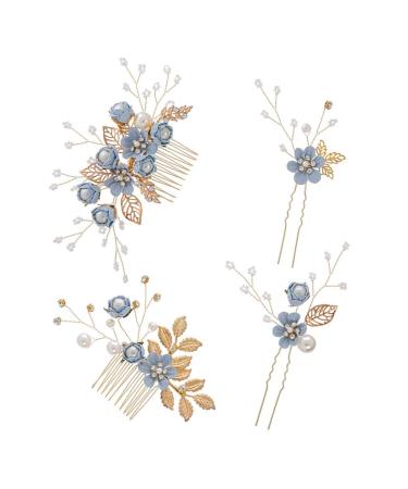 XLKJ 4 Pieces Flower Hair Comb Flower Hair Bridal Jewelry Crystal Hairpins Headpiece for Woman Girl and Bride Blue