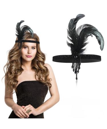 WLLHYF 1920s Flapper Headband  Feather Headwear Headpiece Black Head Wear 1920s Fashion Bling Rhinestone Hair Accessories for Women Girls Gatsby Themes Costume Prom Party Decoration (Black Beads)