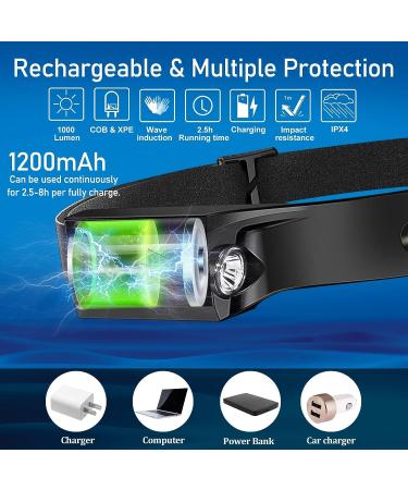 Rechargeable Headlamp 2 Pack for Adults | 230 Bright Beam & Spotlight | Motion Sensor, 6 Modes | Lightweight Head Lamps Flashlight for Repairing, Camping, Running, Cycling | Black - 2 - Buy Online on SooperMarket.com