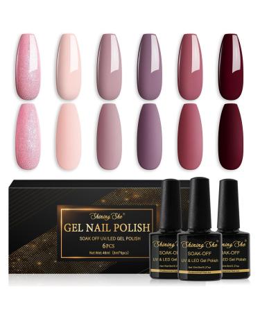 Shining She Gel Nail Polish 6 Colours Red Beige Purple Glitter Pink Gel Polish Set Soak-Off UV/LED Nail Polish Gel Gift for Starter Nail Art Salon DIY Home 8ML Nude Pink