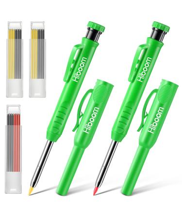 Hiboom 2 Pack Solid Carpenter Pencils with Pencil Cap and 18 Refills Long Nose Deep Hole Mechanical Pencil Marker Scribe Tool with Built-in Sharpener for Construction Woodworking Architect (Green)