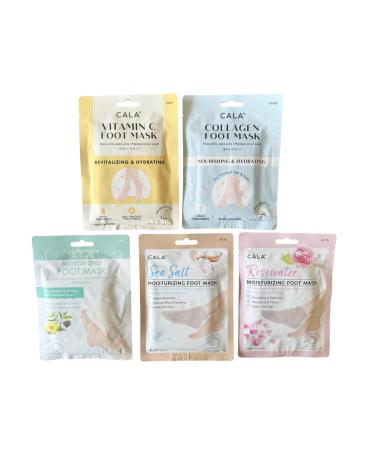 Cala Foot Mask - Moisturizing Spa Treatment Silicone Socks Feet Masks Collagen Rosewater Sea Salt Vitamin C 5 Pack