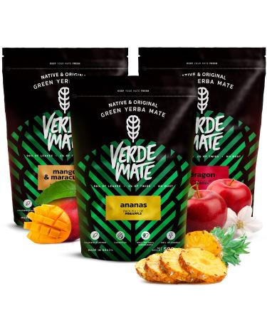 Fruity yerba mate set | Yerba mate with fruits | Verde Mate Green Mango & Maracuya Ananas Dragon | Brazilian yerba mate green | Mild taste | Natural coffeine | Yerba mate tea | 3x500g