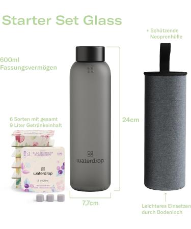 Waterdrop Starter Set Glass - 600ml Black Frosted Bottle + 18 Sugar-Free Microtrinks in 6 Fruity Varieties | Tasting Package for Refreshing Beverages - Buy Online on SooperMarket.com