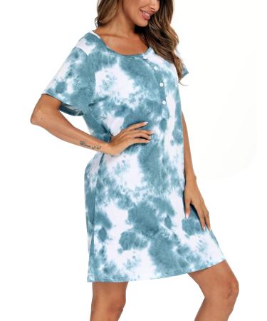 ENJOYNIGHT Women's Nighties Short Sleeve Nightdress Tie Dye Nightshirt Nursing Nightwear Button Breastfeeding Sleepwear Dark Green XXL