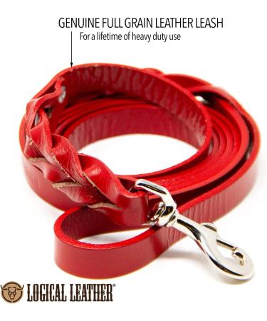 Logical Leather 6FT Braided Dog Leash - Heavy Duty Full Grain Leather Lead in Red - Buy Online on SooperMarket.com