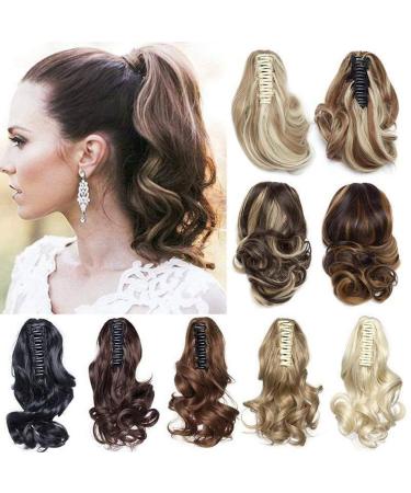 12inch Ponytail Extension Long Curly Clip in Claw Hair Extension Real Natural Looking Ombre Synthetic Hairpiece for Women Dark Brown mix Sandy Blonde