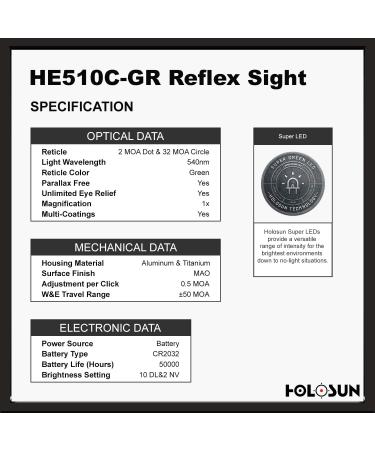 Holosun HE510C-GR Open Reflex Optical Sight | Super Green LED | 2 MOA Dot 65 MOA Circle - Buy Online on SooperMarket.com