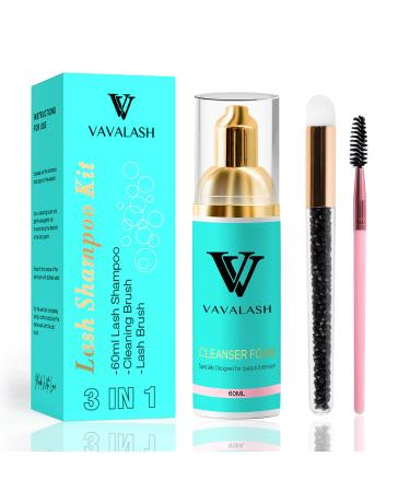 VAVALASH Eyelash Shampoo Kit for Lash Extensions Lash Cleaning Kit with 60ml Lash Shampoo Lash Brushes Cleanser Brush Oil Free Eyelash Cleanser Kit for Self Lash Care & Salon Use